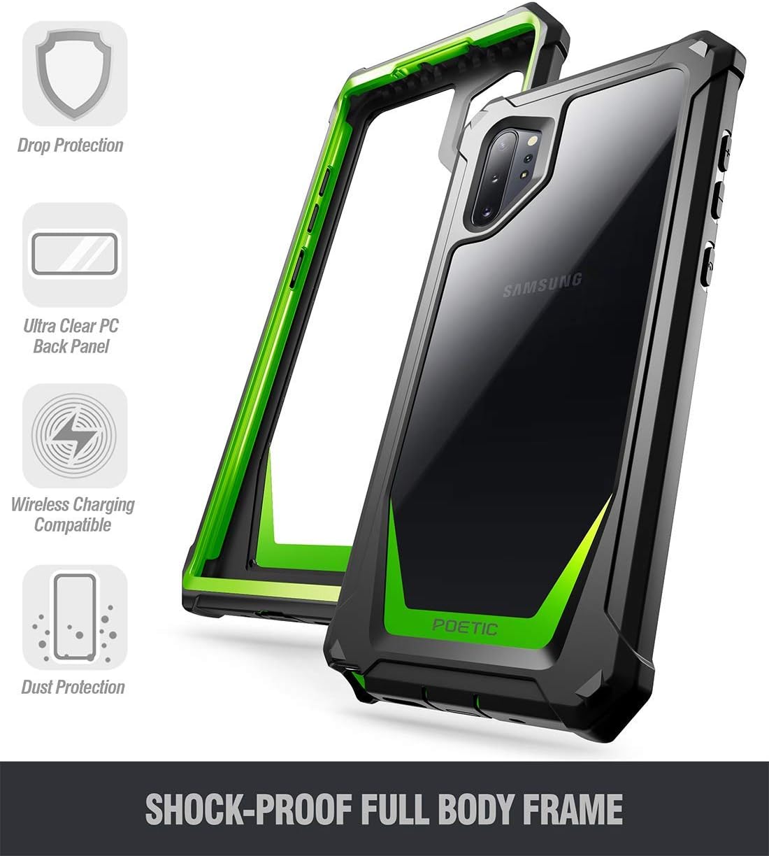 Galaxy Note 10 Plus Rugged Clear Case, Poetic Full-Body Bumper Cover, Support Wireless Charging, Without Built-in-Screen Protector, Guardian, Case for Samsung Galaxy Note 10+ Plus 5G, Green