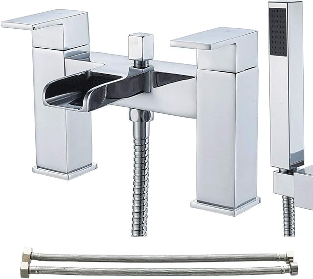 Luckyhome Bath tap with Shower Waterfall Bath Shower Filler Mixer Tub Tap Double Lever Chrome Solid Brass with Handheld Shower Head Faucet