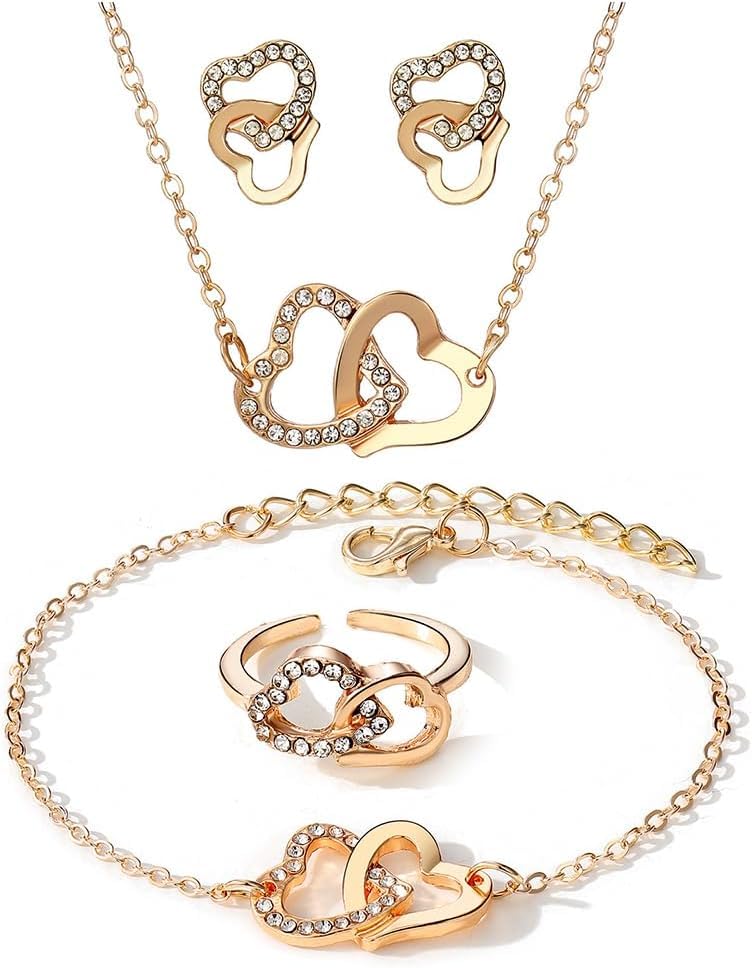FDEETY 4 Stück Doppelherz Schmuckset Halskette Ohrringe Armband Ring Kristall Damen Schmuck Herzanhänger Hochwertig Elegant Schmuckkollektion