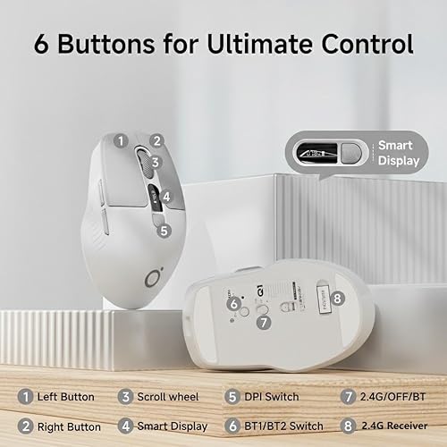 Miniatura 8 de EWEADN Q1 - Mouse inalámbrico, BT y 2.4G, silencioso, clic silencioso con niveles de 1600 DPI, pantalla LED de batería y DPI, mouse Bluetooth