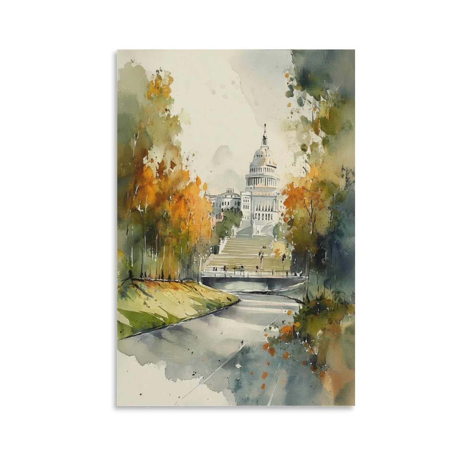 CNAHEIZ Washington Autumn Cityscape 20x30inch(50x75cm) Vintage Travel Poster Watercolor Canvas Art