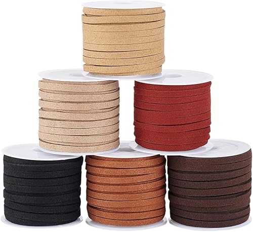 PH PandaHall Cordón de gamuza sintética de 33 yardas, 0.157 in, microfibra plana, 6 colores, cordón de terciopelo con cuentas de encaje, cordón de