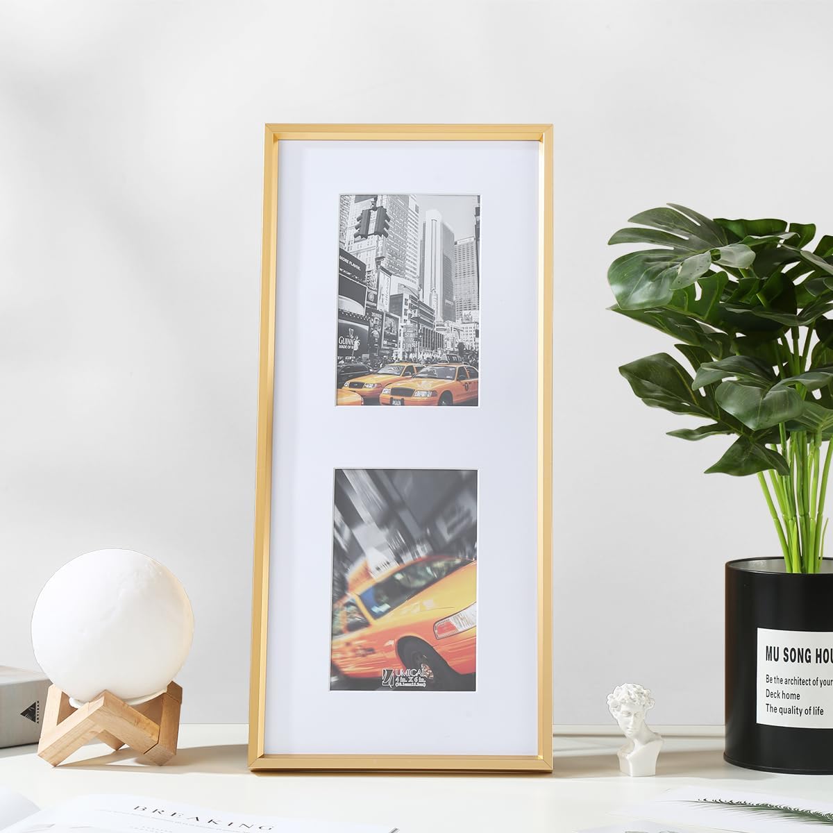 5x7 2-Opening Picture Frame Gold Aluminum Metal Molding Photo Frames with 2 Mats and HD Plexiglass for 5x7 or 4x6 Pictures Display, Tabletop Stand and Wall Mounting