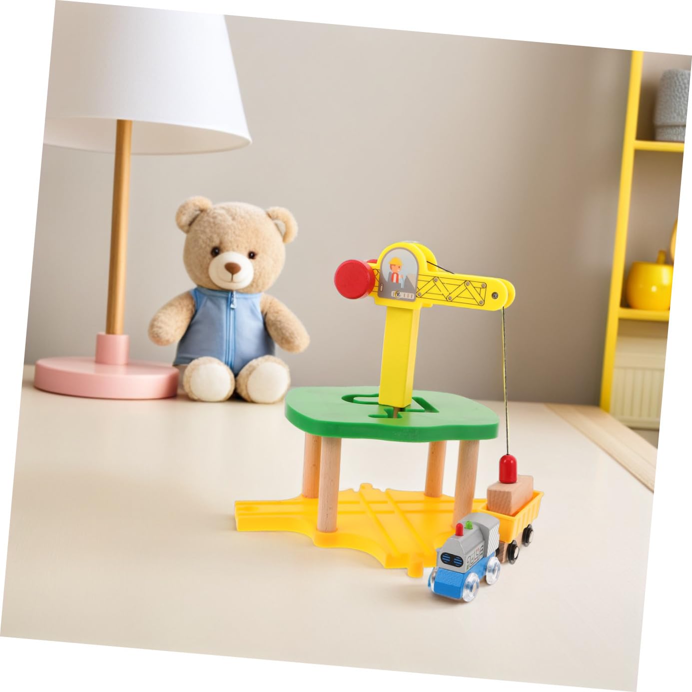 Gatuida 1 set di treni gru in legno per bambini con motore di ispezione di simulazione, accessori di espansione per binari ferroviari gru fai da te