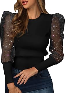 LOPILY Ladies Tops Elegant Women's Tops Lace Splice Stylish Sexy Blouse Round Neck Shiny Mesh Sheer Puff Long Sleeve Flattering Solid Floral Print Embroidered Rose Print Pullover Tops Elegant Shirt