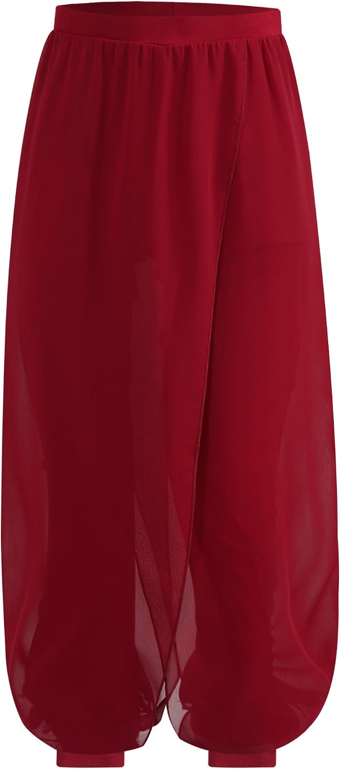 Agoky Kids Girls Belly Dance Palazzo Pants Flowy Yoga Pants Elastic Waist Loose Chiffon Lantern Trousers