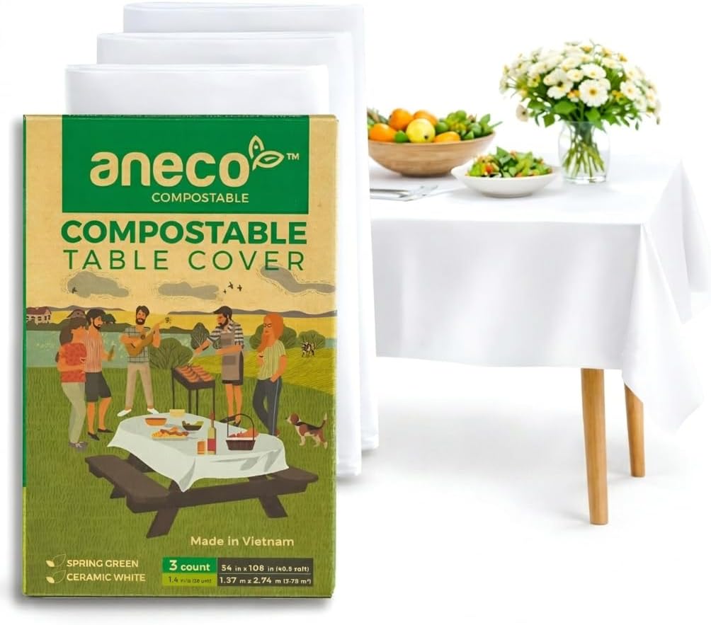 ANECO 100% Compostable Tablecloths for Rectangle Tables (54x108, 3 Count) | White Disposable Rectangular Tablecloth - Anti-Plastic Table Cover for Outdoor, Party, Picnic, Wedding