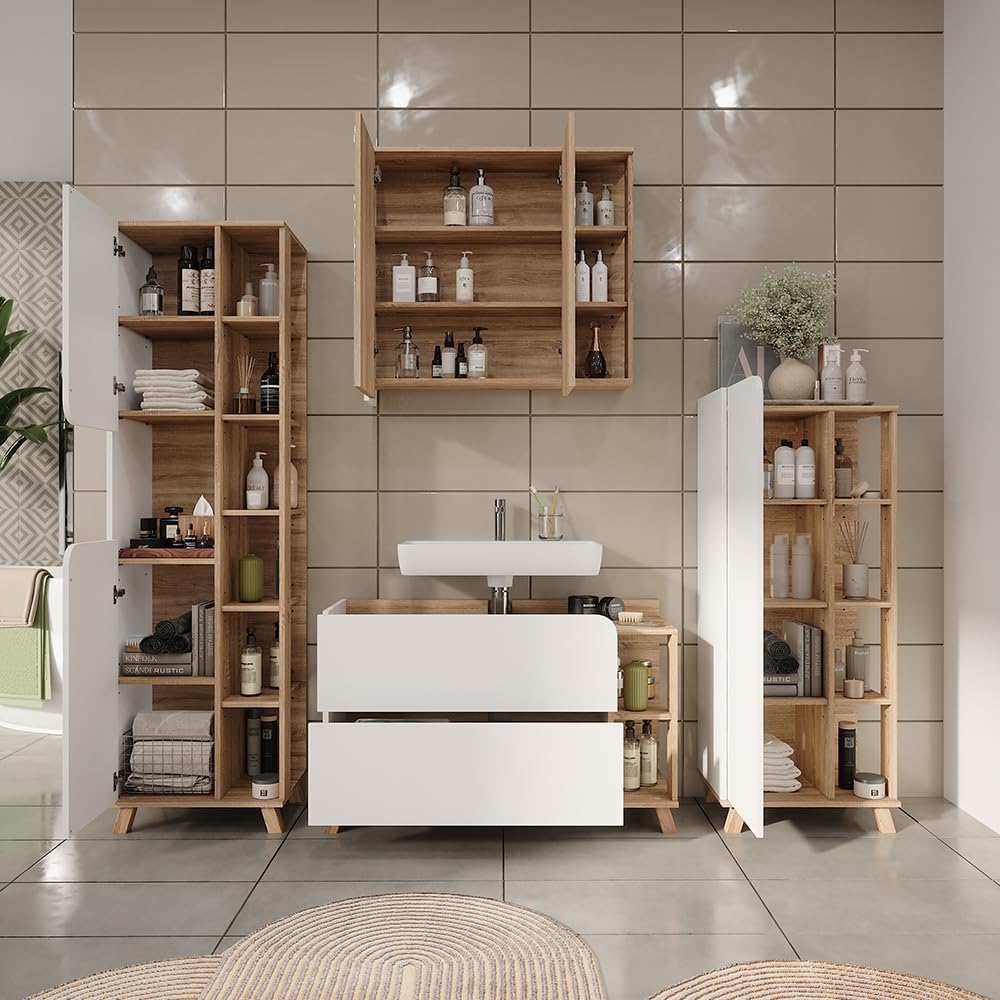 Vicco Conjunto de Muebles de baño Karen, Sonoma/Blanco, 100 cm | compuesto por mueble bajo lavabo, espejo, columna alta y columna media