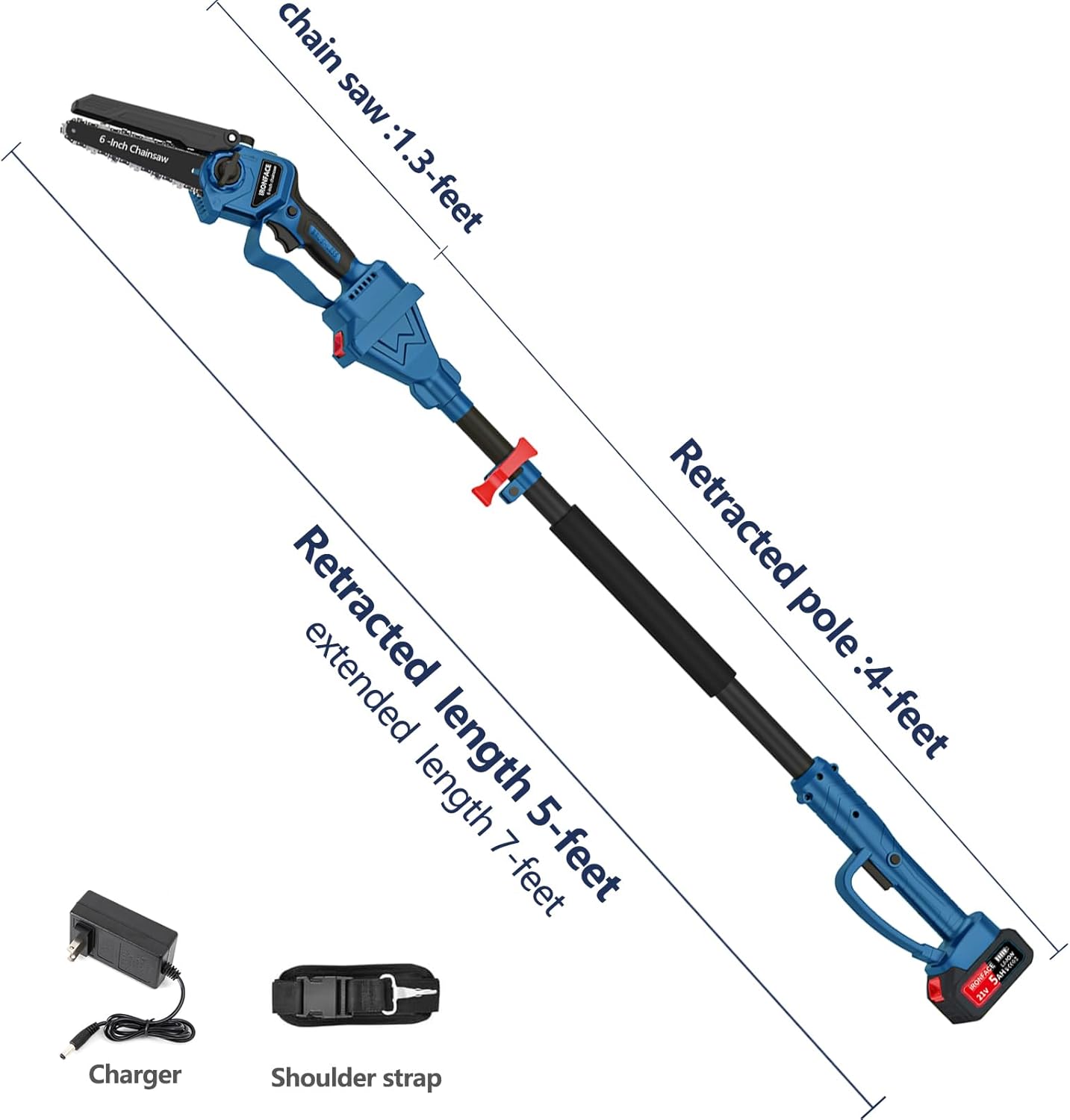 2-in-1 Cordless Pole Saw and Mini Chainsaw Combo, Compatible with Makita 18v 20V Battery, 6-inches Brushless motor, Reach 7-Feet Length for Tree trimming and Garden work (Polesaw 1-battery)