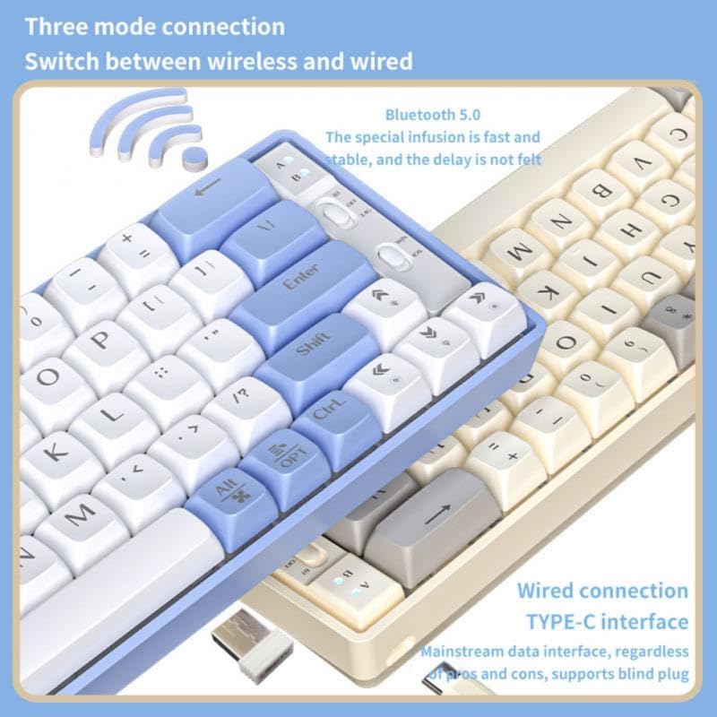 Diagram illustrating the three-mode connection options: Bluetooth 5.0, 2.4G wireless, and wired Type-C USB.