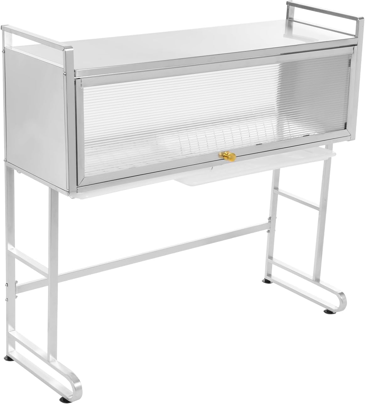 Over The Sink Dish Drying Rack, Stainless Steel Sink Drainer Rack Kitchen Storage Rack Clear Flip-up Door Countertop Organizer with Hooks and Utensil Basket 34.25" L