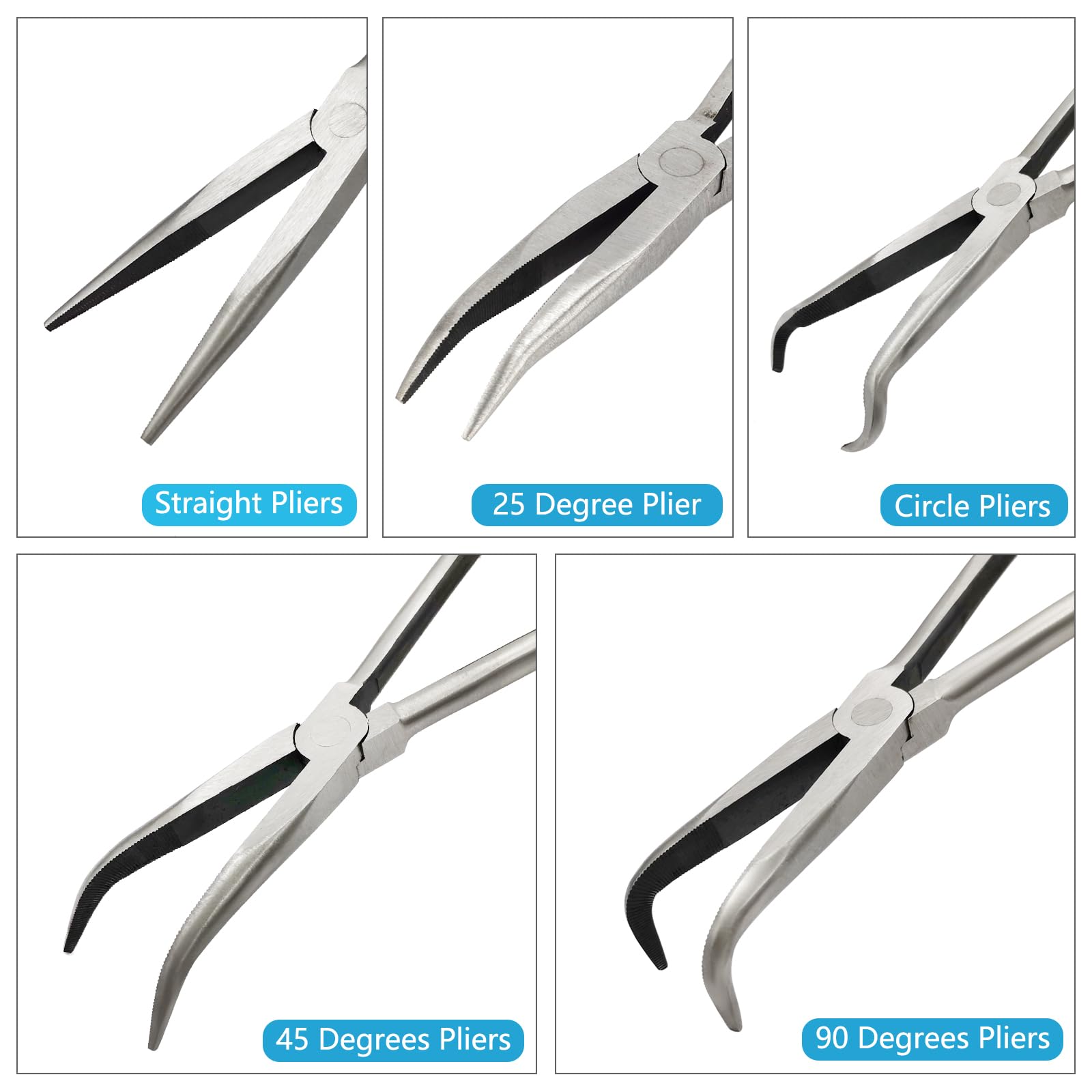 Set di 5 pinze di precisione a becco lungo da 28 cm, con manici isolati e confortevoli, pinze dritte a becco lungo, con angolo di 25/45/90 gradi, per piegatura, sagomatura, creazione di gioielli