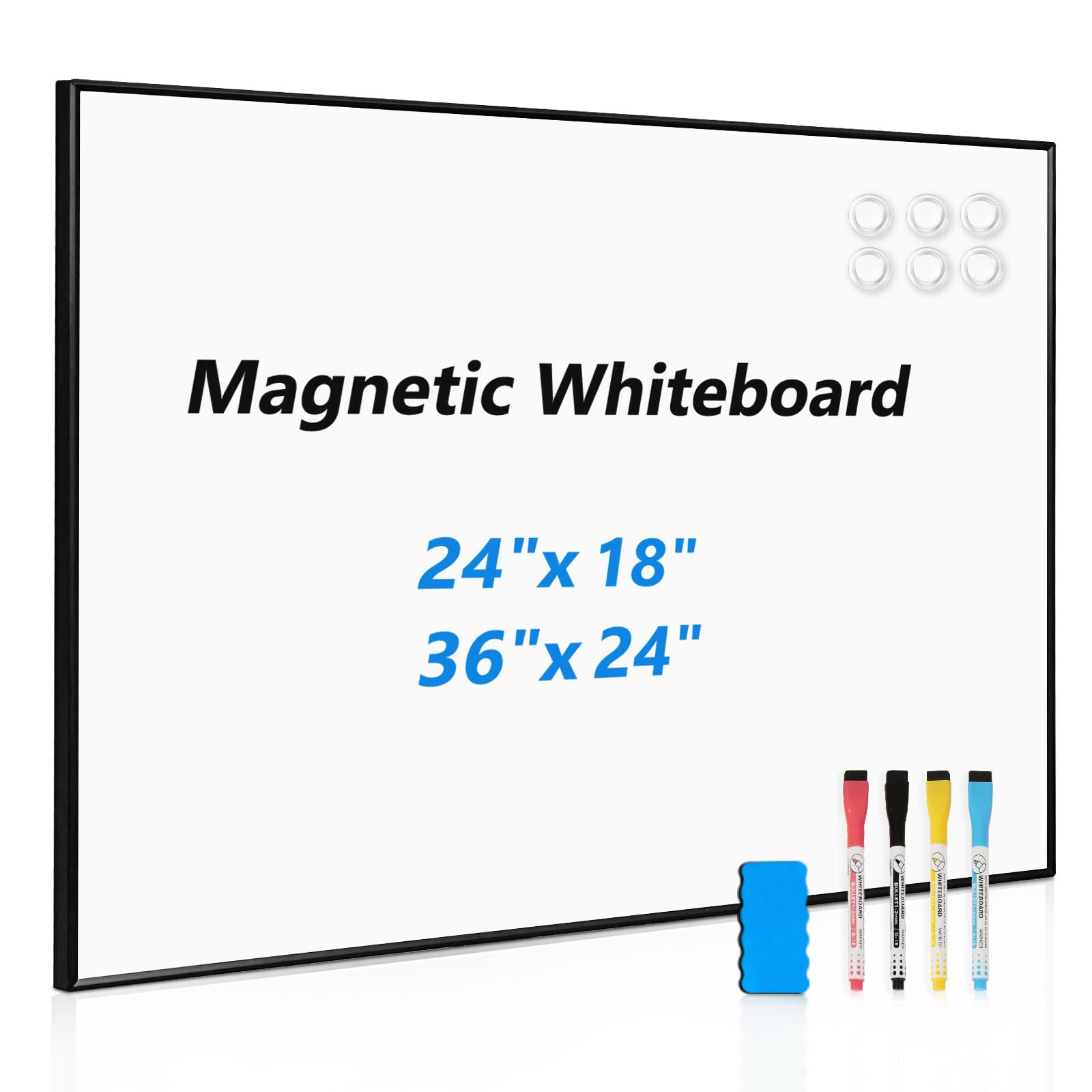 Magnetic Whiteboard, 36"x24" Black Aluminum Frame Dry Erase White Board for Wall, Large Wipe Board with 6 Magnets, 4 Markers & 1 Eraser for Home and Office