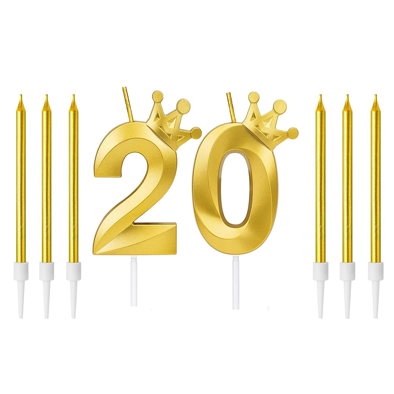 Zwenjuan Gold Number 20 Candle,Glitter Birthday Cake Candles Shining Numeral Candles Cake Topper Decoration And 6 Pieces Cake Candles With Holders For Birthday Party Wedding Cake Decorations(Gold)