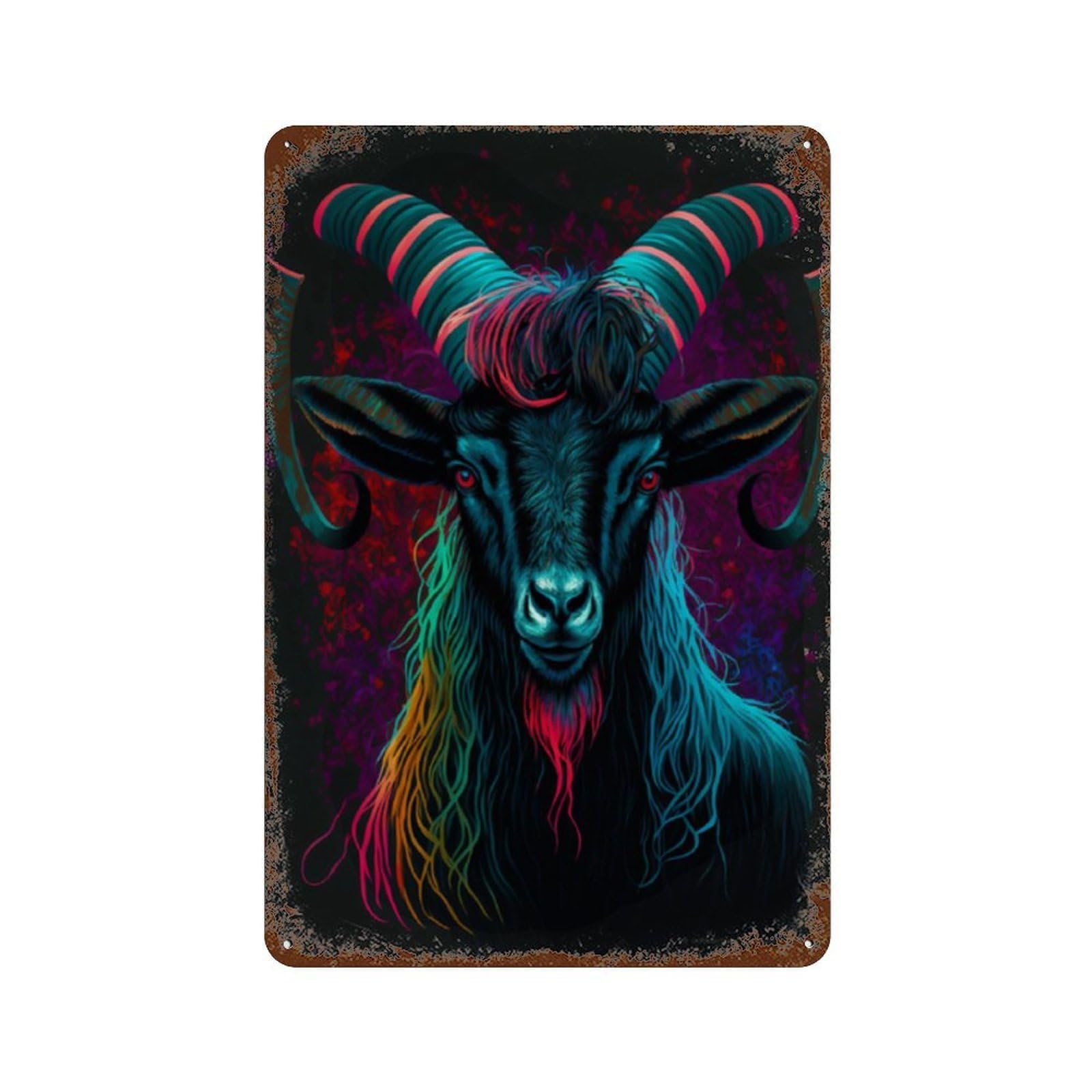 Neon Horned Goat Art Print 11.8"x7.9" Weathered Tin Sign, Shabby Chic Decor for Farmhouse, Kitchen And Entryway Decor