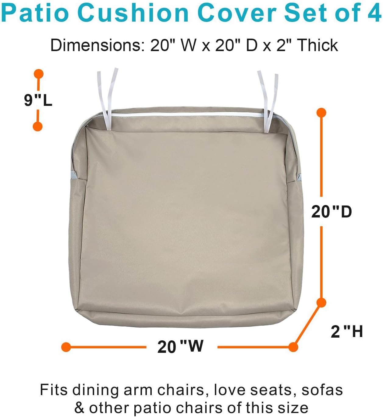NettyPro Patio Chair Seat Cushion Covers Set 4, Waterproof Outdoor Furniture Cushion Slipcovers with Zipper and Tie, 20 x 20 x 2 Inch, Replacement Cover Only, Khaki