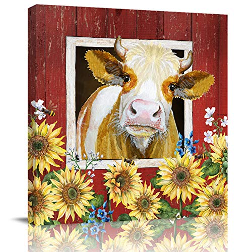 Canvas Art Wall Decor for Living Room Sunflower Cow Wall Decor Picture Painting Framed for Kitchen Room Decorations Living Room Ready to Hang 20x20 Inch Farmhouse Farm Animals Cute Barn Rustic Wood