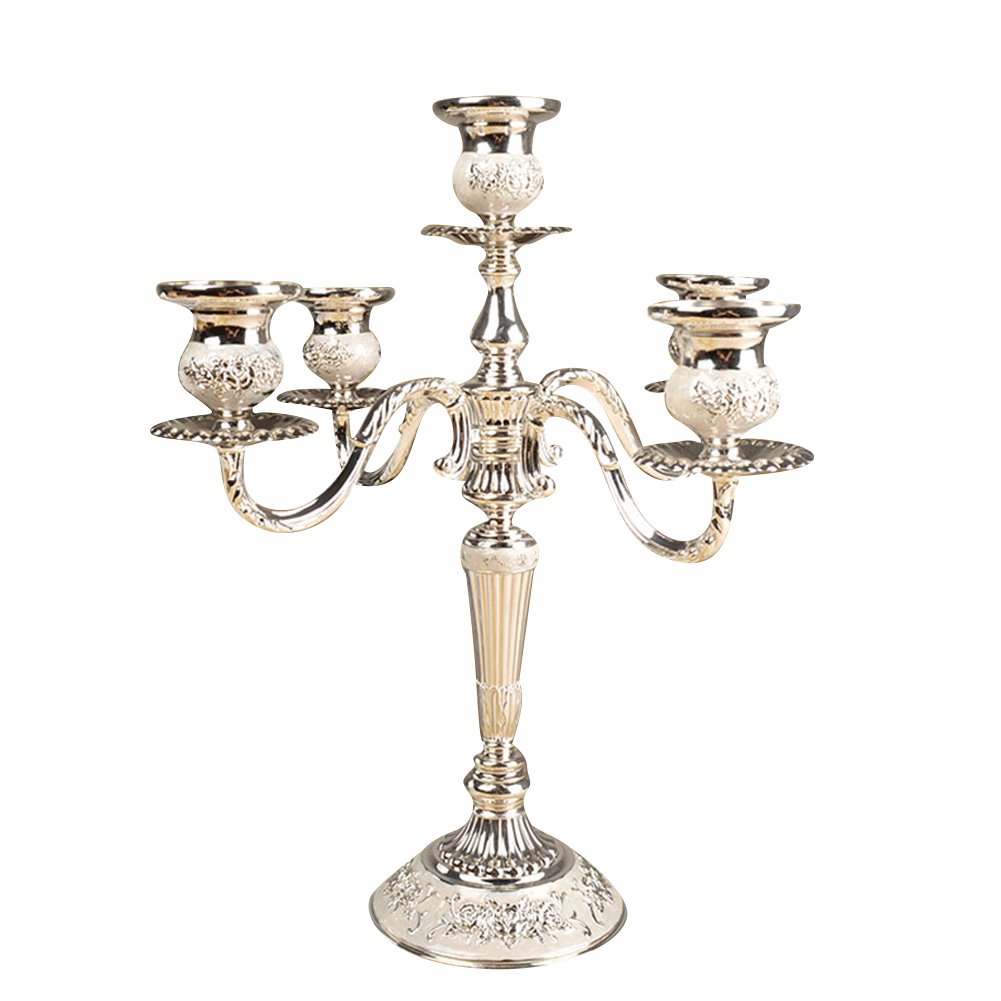 Candelabro in stile europeo classico, bellissimo candelabro in metallo a 5 bracci, colore: argento