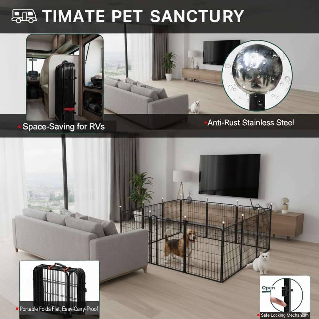 Dog Play Pen Indoors/Outdoor,32'' Portable Dog Fence with Easy-Carry Straps,12 Panels Dogs Pen Play Pen for Medium/Large Dogs,Rustproof Metal Pet Playpen for Camping RV Yard (with Two Doors)