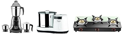 Butterfly Smart Wet Grinder, 2L (White), 150 Watt & Jet Elite 750-Watt Mixer Grinder (Grey) & Butterfly Smart Plus Glass 3 Burner Gas Stove, Black & White