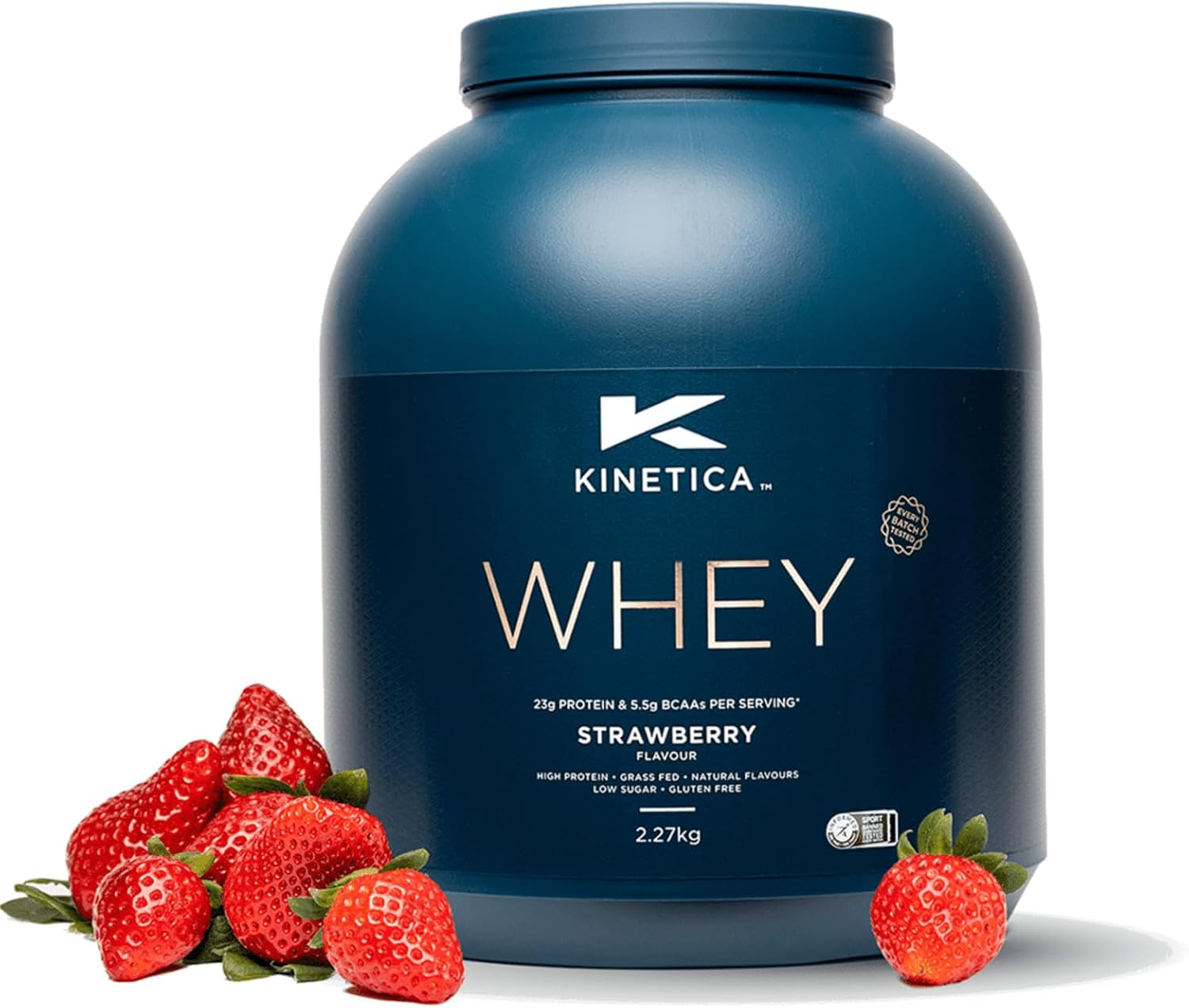 Kinetica Sports Whey Proteinpulver – Erdbeer | 23g Protein/Portion, 76 Portionen/2.27kg Packung | Glutenfrei | Optimal für Muskelaufbau & Regeneration | Löst sich gut in Wasser, Milch & Shakes