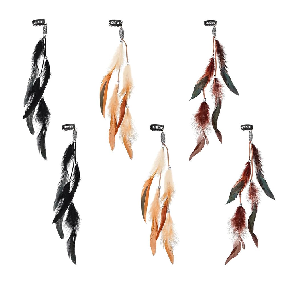 6 Pieces 3 Feather Hair Clips, Indian Feather Headband, Hippie Boho Headpiece for Women and Girls