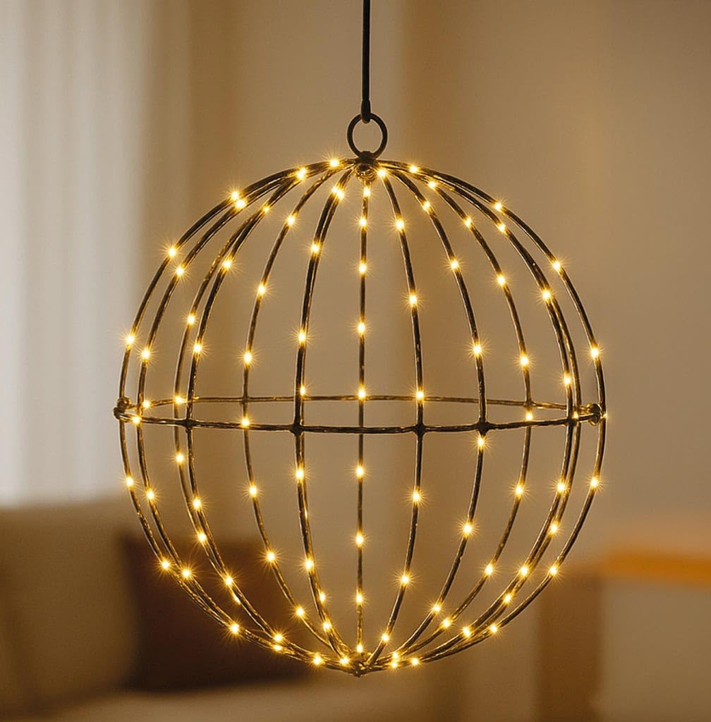 LED Metall Lichterkugel Ø20 cm, 100 warmweiße LEDs mit Timer - Batteriebetrieben - Weihnachtsdeko für Innen und Außen (IP44) Kugel Metallkugel Leuchtkugel Fenster Lichter Hängekugel Drahtkugel