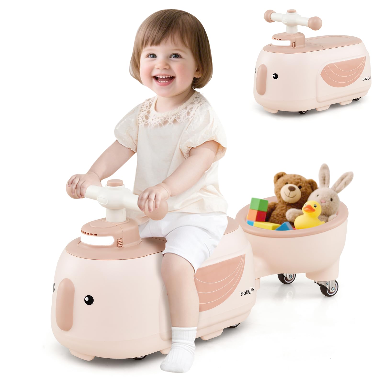 COSTWAY Porteur Enfant avec Remorque Amovible & Lumière & 5 Chansons, Voiture à Pousser Bébé avec Forme Pingouin & 6 Roues, Espace Caché & Poignées Arrondies, Charge 25kg pour 12 Mois+ (Rose)