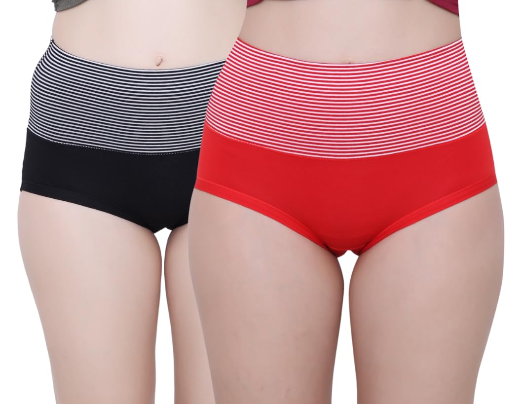 glamoras Women’s Cotton High Wasit Underwear Full Coverage Brief Panty | Ladies Soft, Comfortable, Breathable Underpants Briefs Panties | Size: M - XXL- Black Red-picture-29