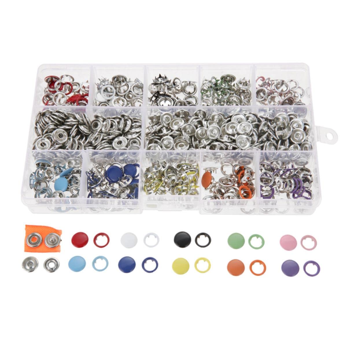 200set Ojales Kit de sujetadores a presión 9.5 mm 10 colores Botones Pernos de presión de metal Botón de anillo de punta para ropa Zapatos Bolsa Cuero DIY-200 juegos sin herramientas