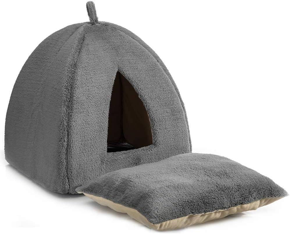Hollypet Self-Warming 2 in 1 Foldable Cat Bed, 13 x 13 x 14 inches Comfortable Triangle Kittens Cave Tent House, Dark Gray