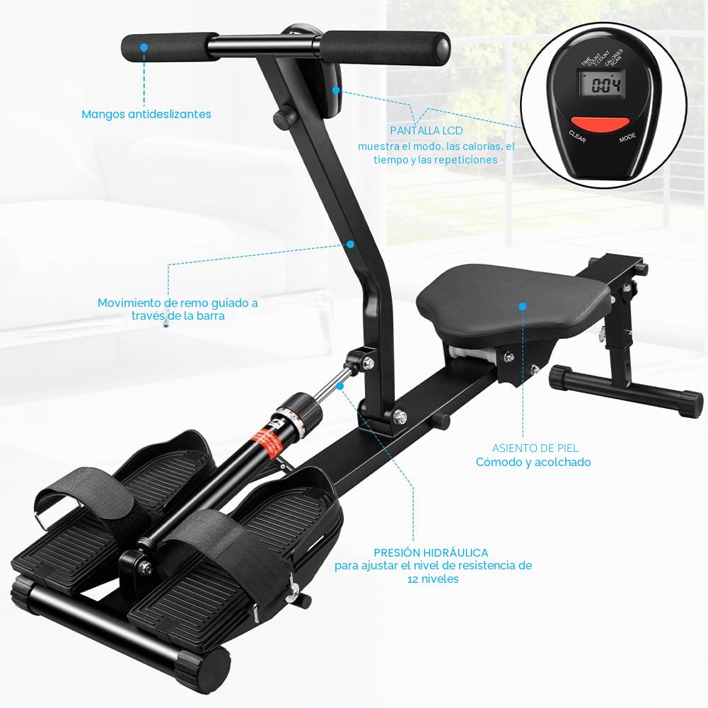 BAKAJI Máquina de Remo Plegable para casa, Ahorra Espacio y silencioso, Equipo de Entrenamiento para Interiores con Pantalla LCD y 12 Niveles de Resistencia, Capacidad de Carga 120 kg, Ideal para