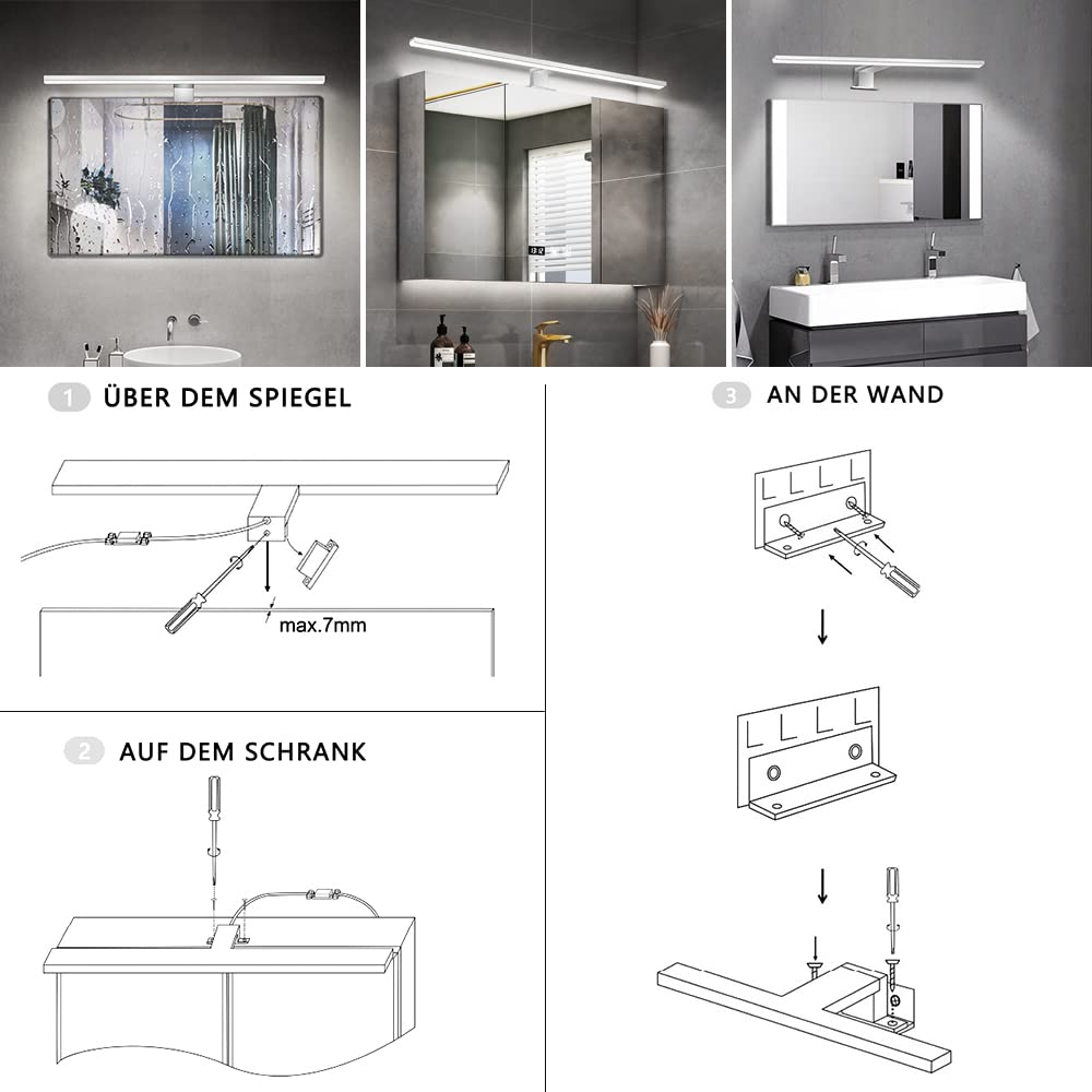 ERWEY Lámpara de Espejo Baño LED 8W 60cm Blanco frío 6000K, Cuarto de baño 230V IP44 Lámpara para armario Armario con espejo Aplique de Baño Espejo