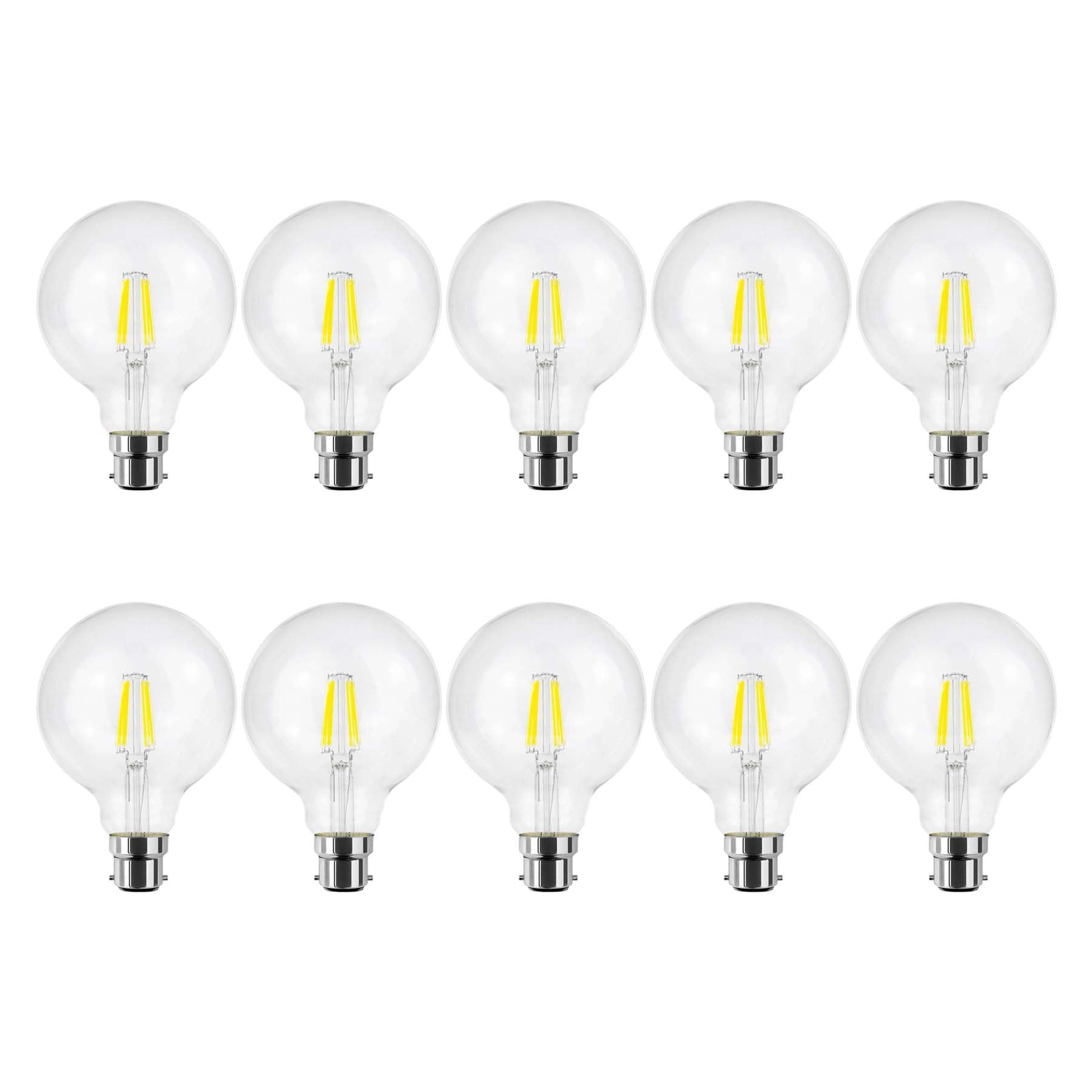 G.W.S® LED Filament Bulb, G95 B22 Bayonet, LED Globe Bulb, 8W Dimmable Warm White 2700K, Clear Glass, Pack of 10