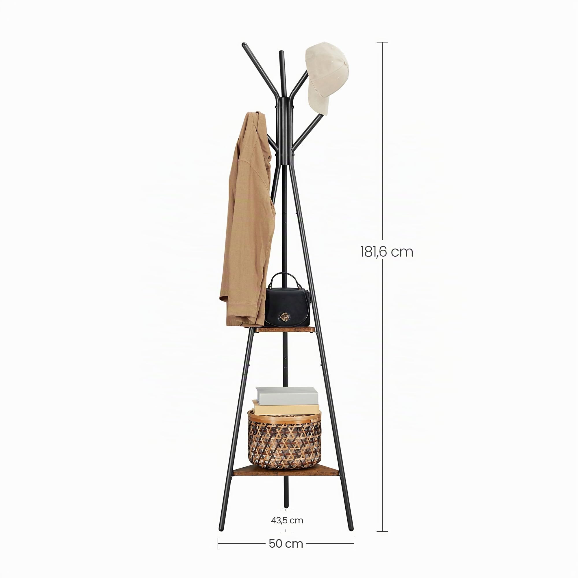 VASAGLE Portemanteau sur pieds, Portant, Meuble d’entrée, style industriel, avec 2 étagères, pour vêtements, chapeaux, sacs, Marron Rustique et Noir RCR16BXV1