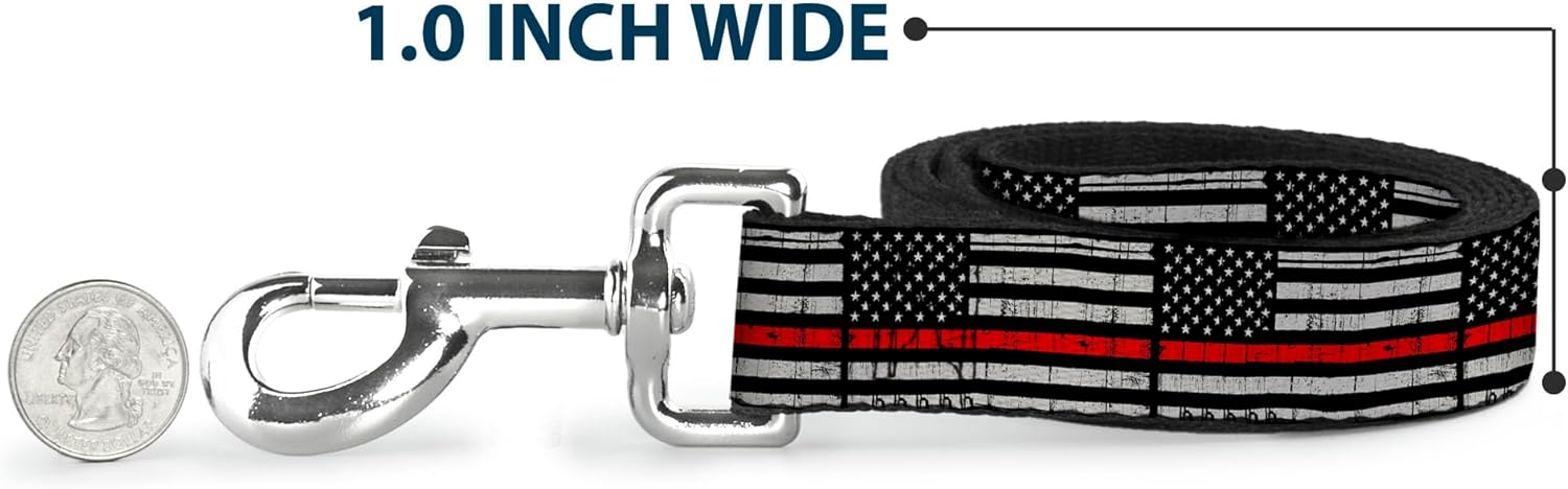 Buckle-Down Dog Leash Thin Red Line Flag Weathered Black Gray Red 6 Feet Long 1.0 Inch Wide