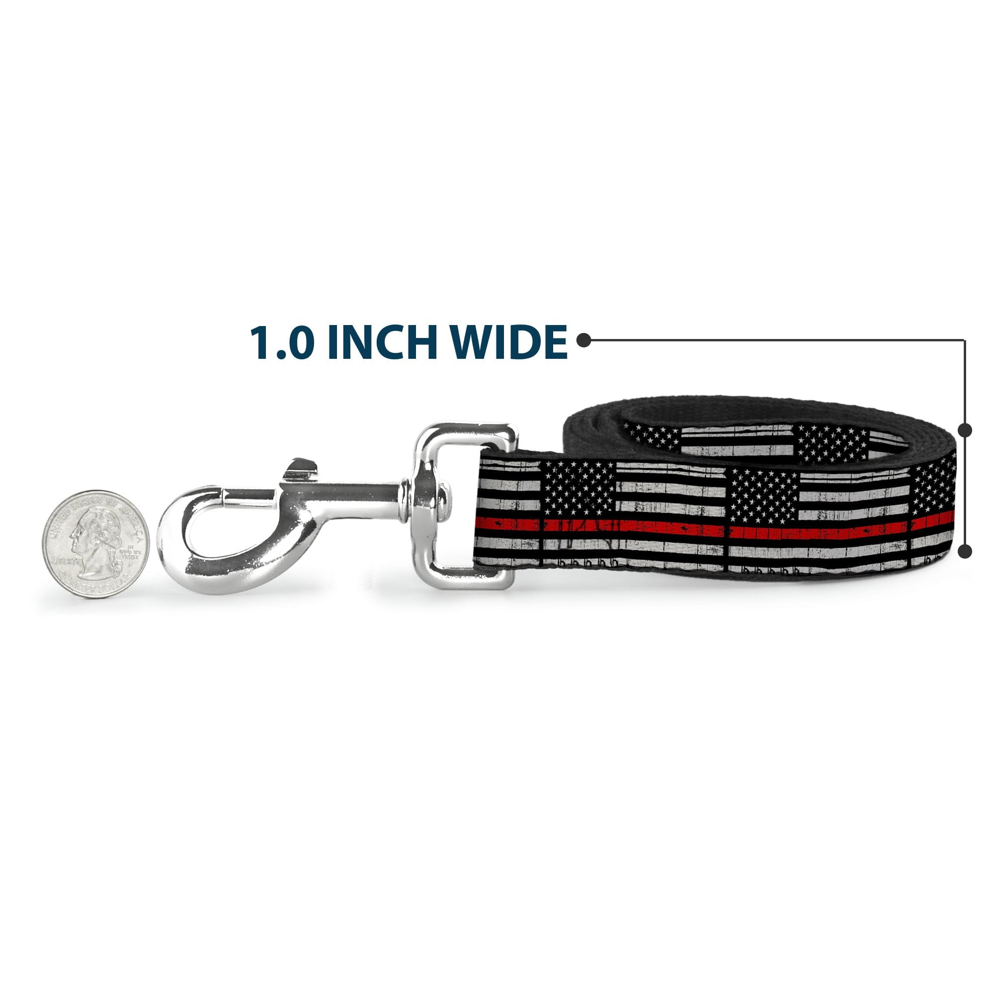 Buckle-Down Correa de Perro Delgada línea roja Bandera desgastada Negro Gris Rojo 6 pies de Largo 1.5 Pulgadas de Ancho