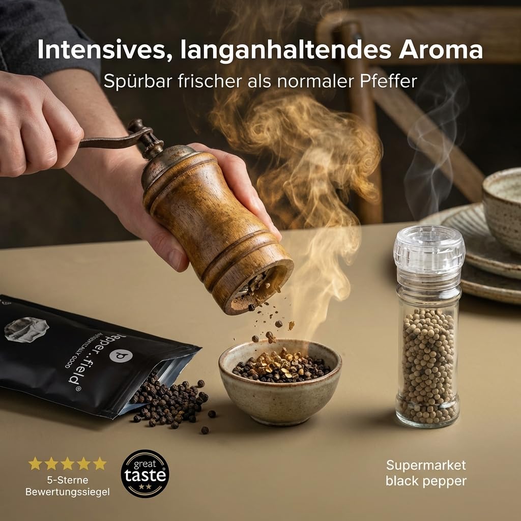 Pepper Field Kampot Pepper Black - Granos de pimienta enteros de Camboya, frescos y sabrosos, granos de pimienta enteros para moler y cocinar, excelente sabor, ideal para cocinar y asar, 250g