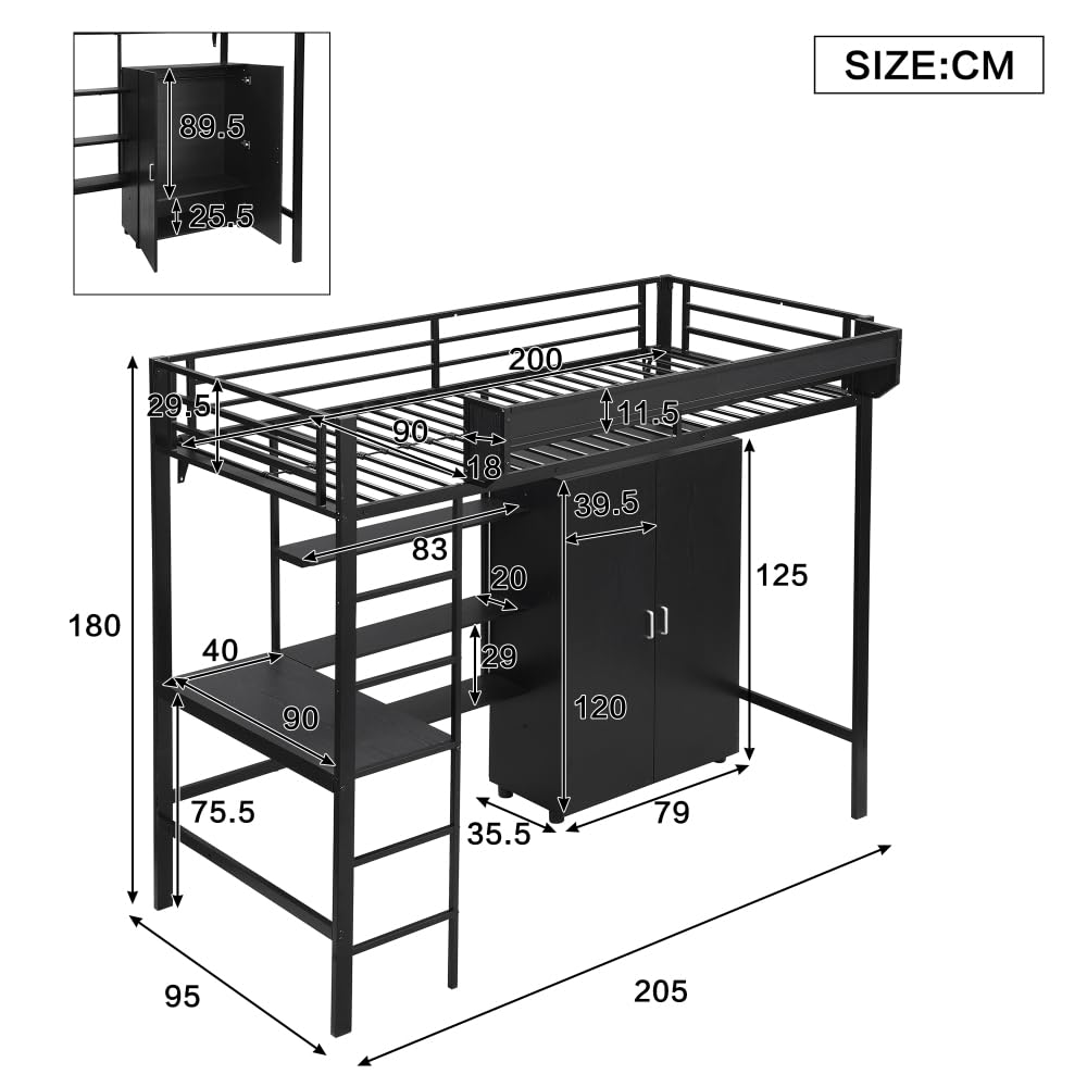 I0I&I0I Litera de hierro para niños con mesa y armario, amplio espacio de almacenamiento con escalera de 5 niveles, tablero de partículas de hierro, color negro + metal y madera + 90 cm x 200 cm