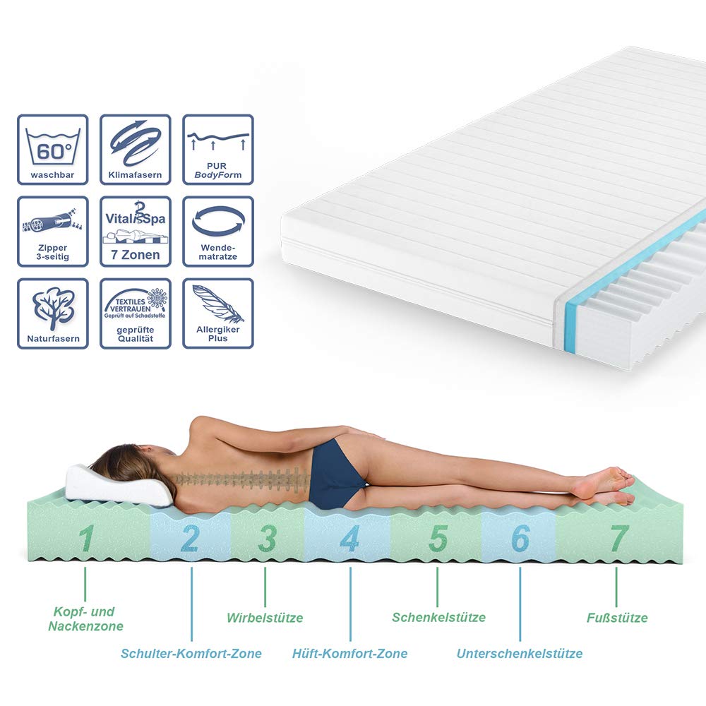 VitaliSpa Matelas en Mousse Froide, Blanc, 120x200cm H3 degré de dureté, 7 Zones, avec Housse Amovible et Surface de Couchage à élasticité ponctuelle