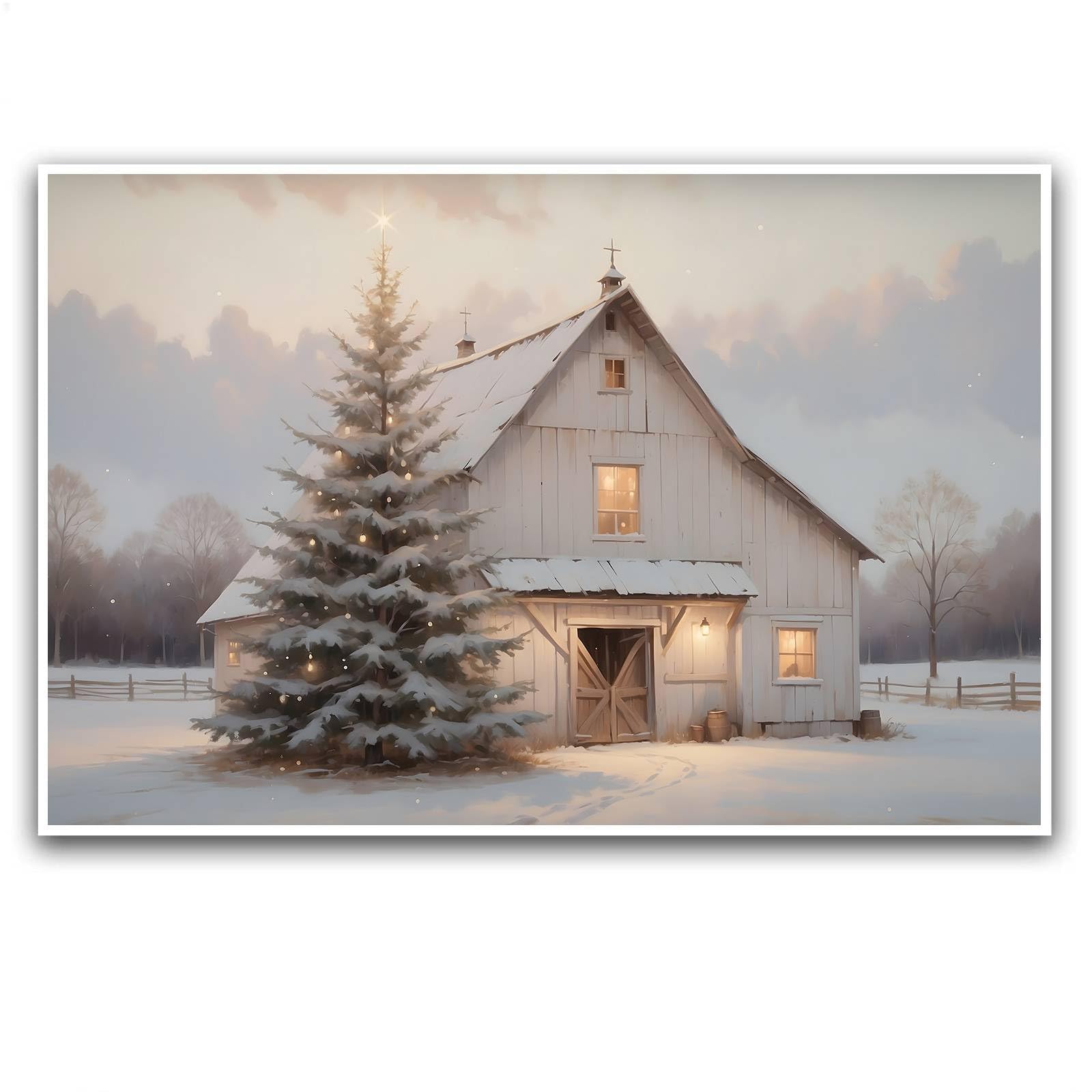 Canvas Wall Art Winter Wall Art Rustic Barn Christmas Tree Horizontal Christmas Decor 32x48in-UnFramed