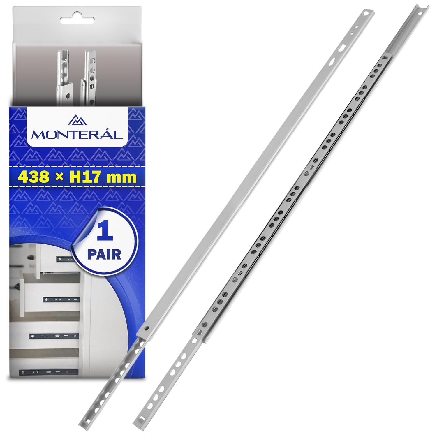 1 Coppia Guide per Cassetti con Cuscinetti a Sfera 438 mm x H 17 mm - Telescopiche Guide Cassetti Scorrevoli Hanno Un'estensione Parziale di 338 mm - Garanzia di 10 Anni - MONTERAL
