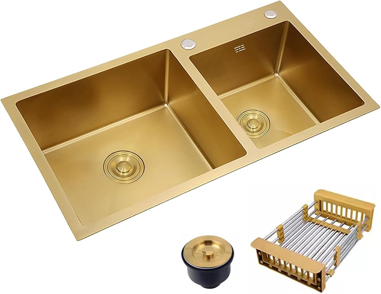 Double Bowl Gold Kitchen Sink,Top Mount/Drop in Kitchen Sink with Sink Stopper&Drainage Basket, High-Capacity Stainless Steel Kitchen Sink (31.5x17.7, Gold)