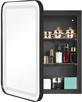 soges LED Medicine Cabinet Lighted Bathroom Mirror, Bathroom Vanity Mirror with 2 Storage Shelves, 24x 16 Recessed Medicine Cabinet, Wall Mounted Deep Metal Framed Rounded Corner, Black