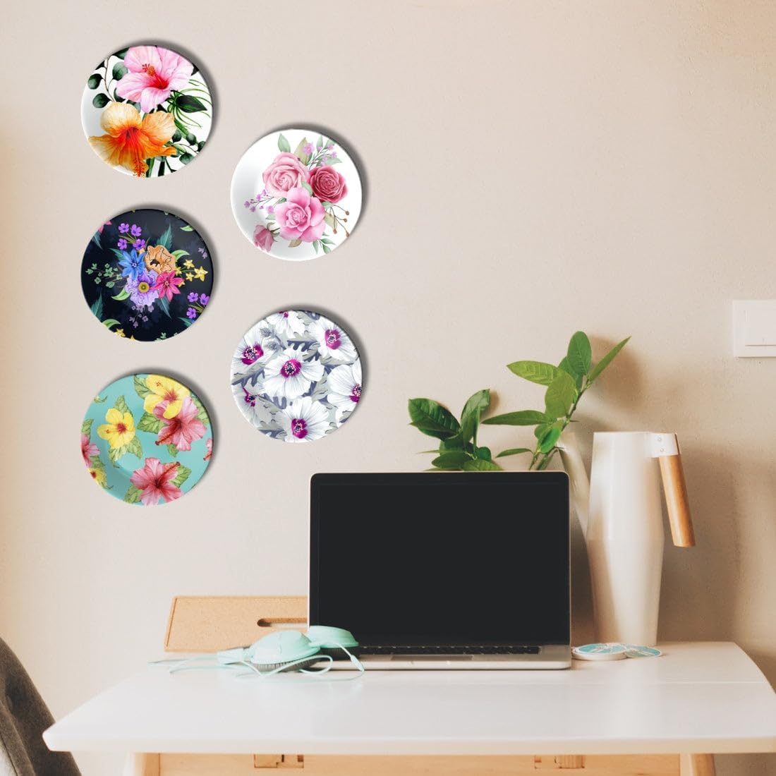 Adorvue Set of 5 Spring Blossom Flowers Colorful Decorative Ceramic Wall Plates Home Décor Wall Hanging Decoration Accessories For Living Room, Kitchen, Office, Drawing Room, Housewarming Gift 8″