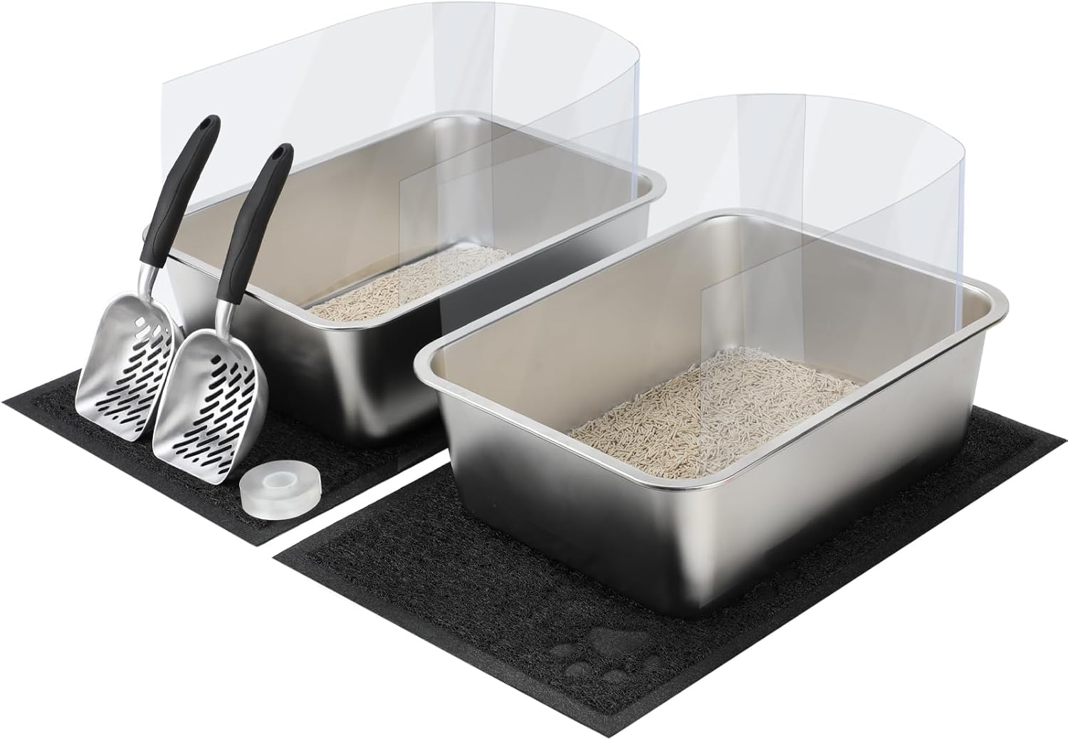 Rypet 2 Set Large Stainless Steel Cat Litter Box, Rust Proof Metal Kitten Litter Tray with Pee Splash Guard and 2 Cats Litters Scoops and 2 Cat Litters Mats Easy to Clean(17.5"*13.6"*6")