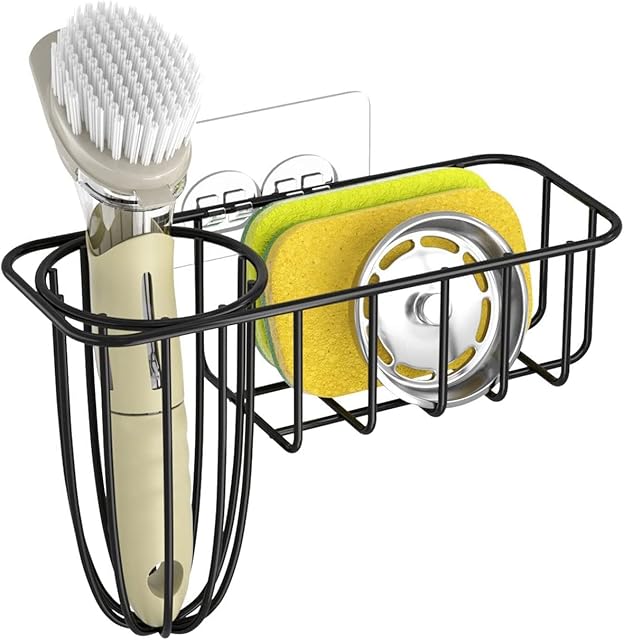 HULISEN Sponge Holder + Dish Brush Holder, 3-in-1 Kitchen Sink Caddy, 18/8 Stainless Steel Rust Proof Water Proof, Adhesive Installation No Drilling, Not Including Sponge and Brush, Black