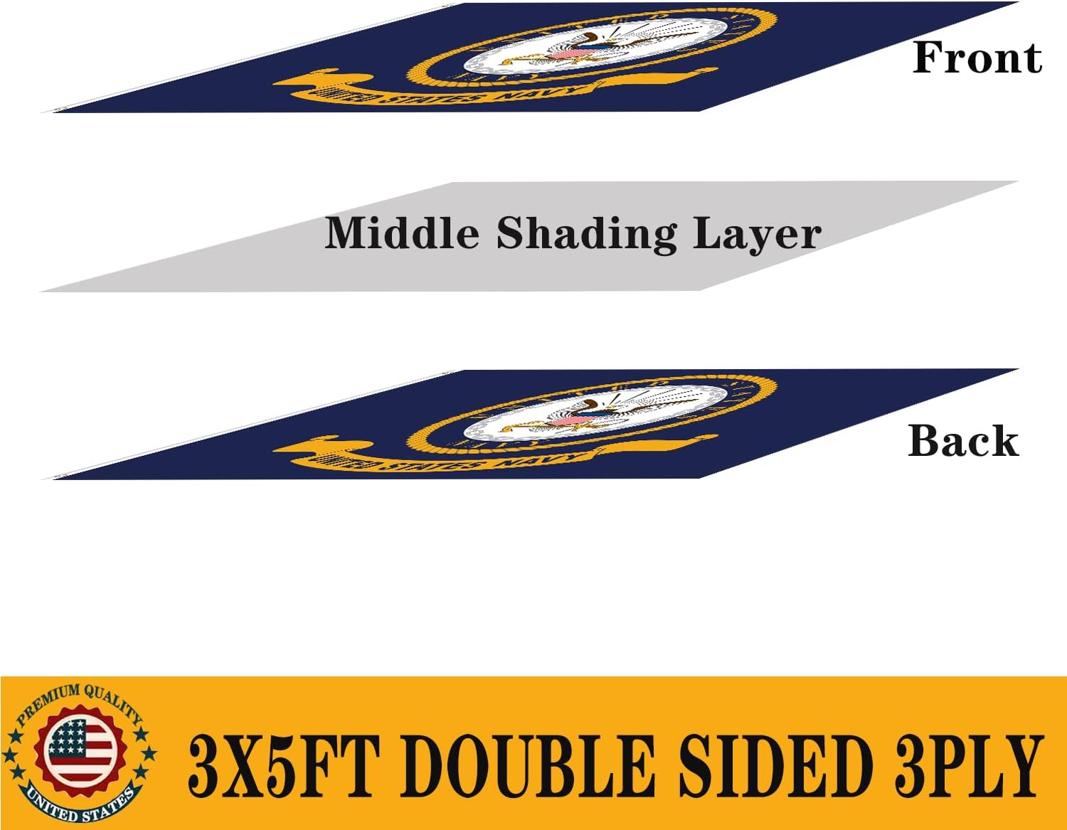 Navy Emblem Flag 3X5 Outdoor Double Sided- 3 Ply Heavy Duty Polyester Navy Military US Flag With 2 Brass Grommets, Vivid Color And Fade Proof, UV Proof