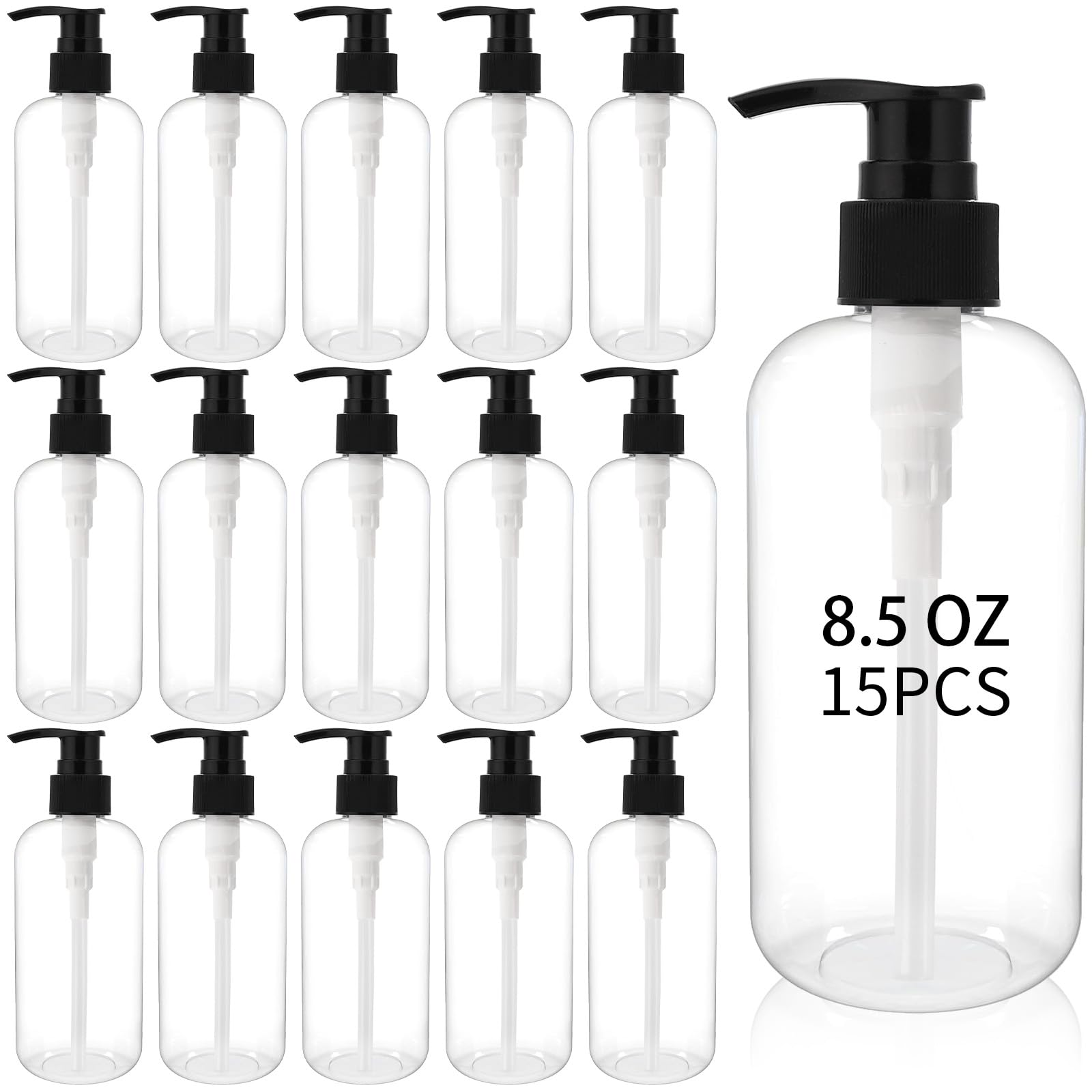 15 bottiglie vuote da 241 ml, dispenser in plastica trasparente ricaricabili, per shampoo, lozioni, sapone per le mani, bagnoschiuma, olio, idratante, contenitori per liquidi da viaggio
