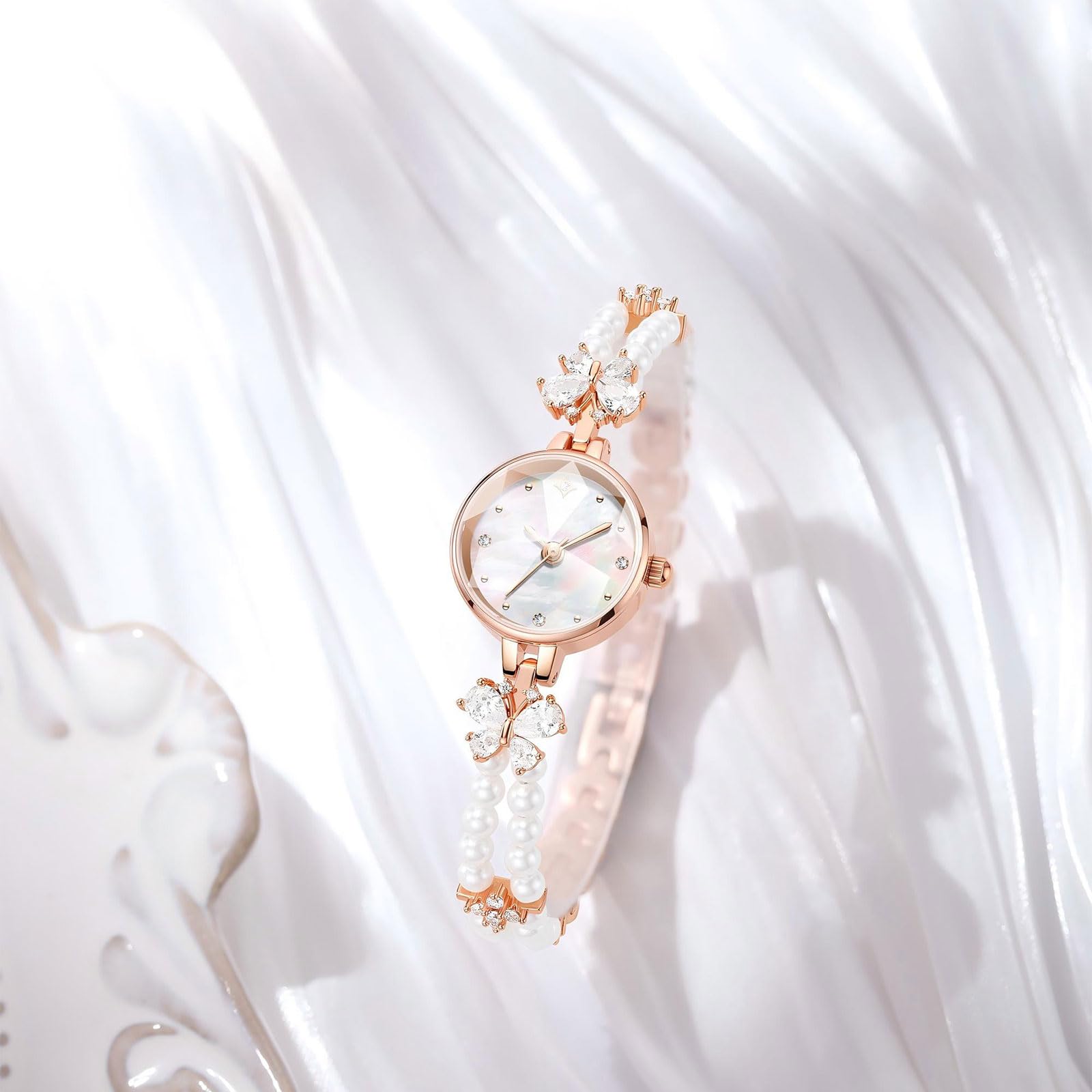 findtime Orologio analogico da donna, impermeabile fino a 3 ATM, rotondo, al quarzo, elegante, vintage, con perle, squisito orologio alla moda, da donna, con perline e strass